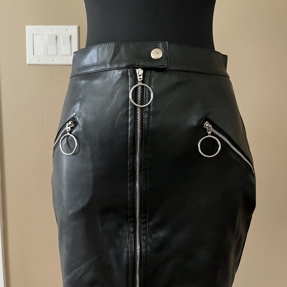 Salty Black Leather Skirt with Metal detail